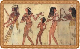 Egyptians play the harp, lute, double oboe and lyre (c. 1420-1411 B.C.) tomb painting in Veset