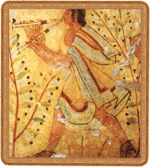 A tibia player (470-80 BC) detail from wall painting in the tomb of the Leopards, Tarquinia,