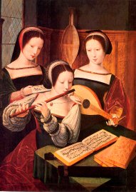 'The Concert' (c. 1530) in Schloss Rohrau, Graf Harrach'sche Familiensammlung, Vienna - probably A clone of Concert of Women (1530-40) master of Female Half-length, The Hermitage, St. Petersburg