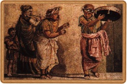 Roman street musicians with small cymbals and large tympanon (frame drum) (1st century B.C.) Dioscorides of Samos, Mosaic from Villa of Cicero at Pompeii (National Museum, Athens)